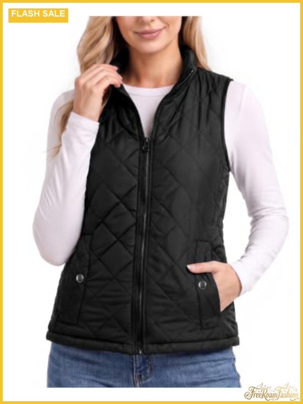 Diamond Quilted Puffer Vest Stand Collar Sleeveless Lightweight Zip Pockets